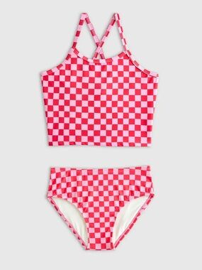 NWT QUINCE Tankini Swimsuit Two Piece Pink Check Kid Size 8 7353
